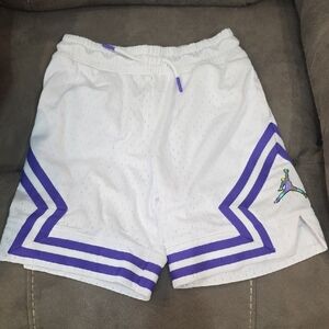 Jordan White Basketball Shorts with Purple Trim and Multicolor Jumpman